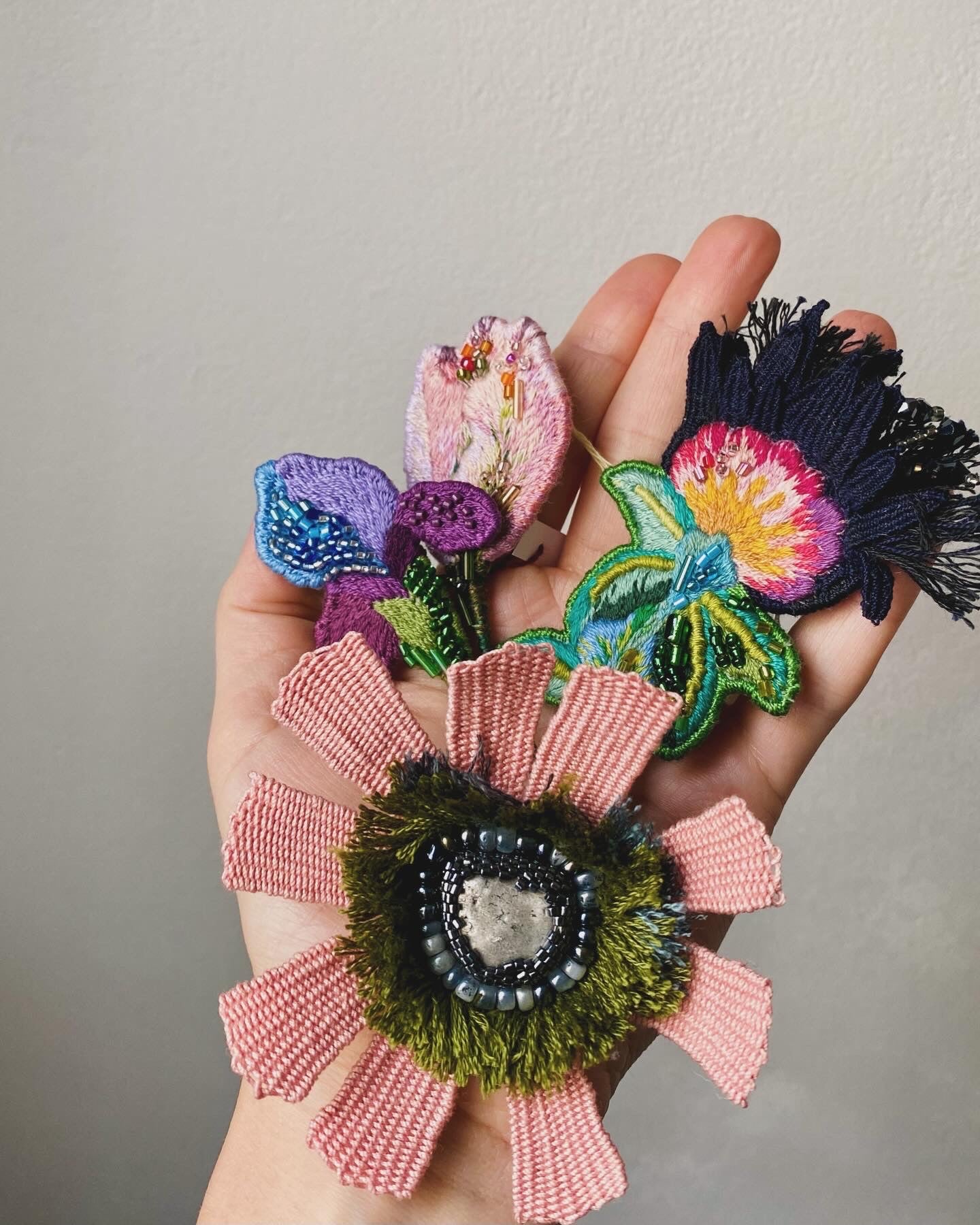 Handmade Embroidered Brooch – Pink Tropical Flower