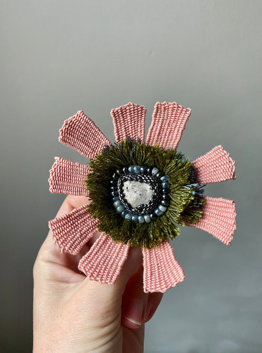 Hand-embroidered pink tropical flower brooch with Miyuki glass beads, handmade in Vienna