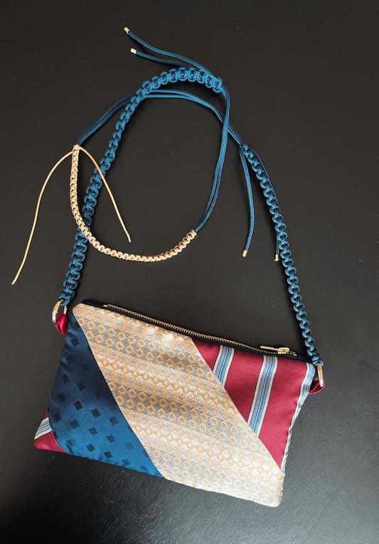 Recycled Silk Tie Bag – Burgundy & Navy Patchwork