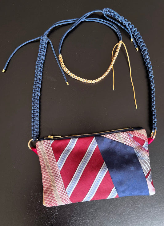 Recycled Silk Tie Bag – Burgundy & Navy Patchwork