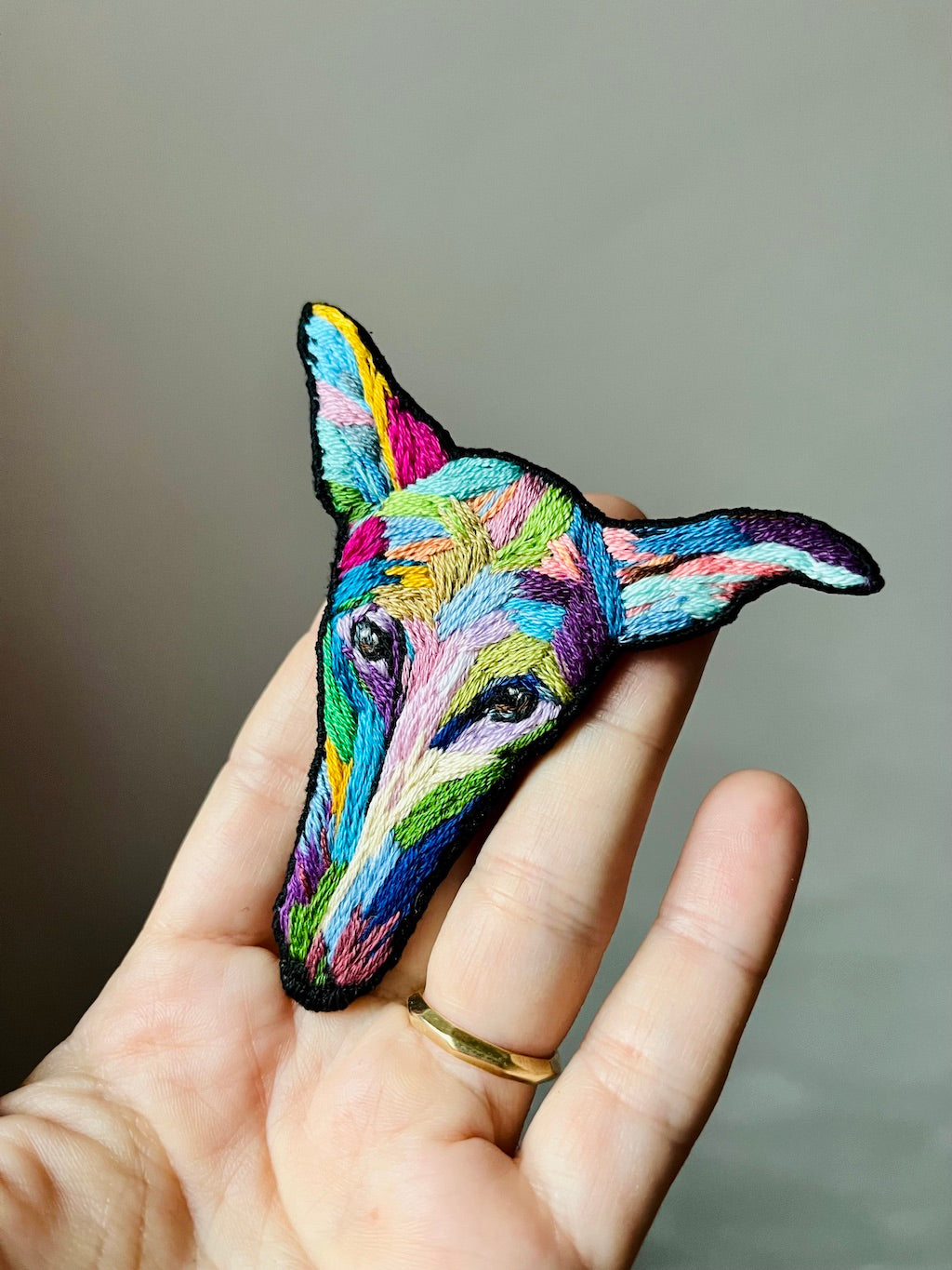 Handmade Embroidered Brooch – Rainbow Galgo Memorial