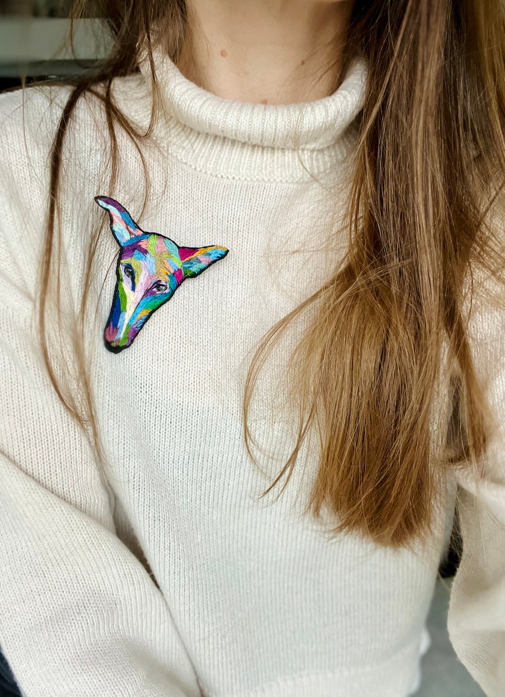 Handmade Embroidered Brooch – Rainbow Galgo Memorial