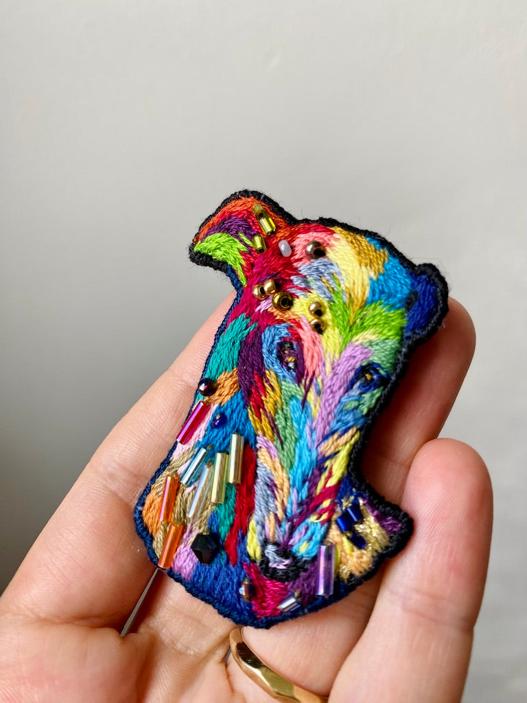 Handmade Embroidered Brooch – Rainbow Greyhound