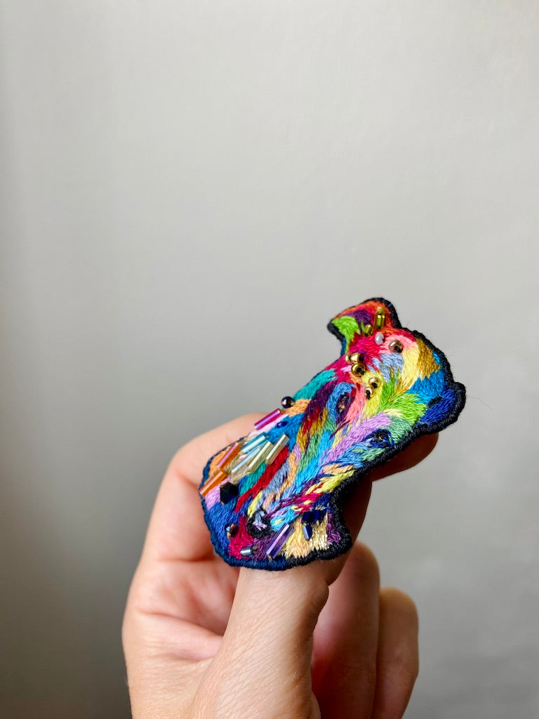 Handmade Embroidered Brooch – Rainbow Greyhound