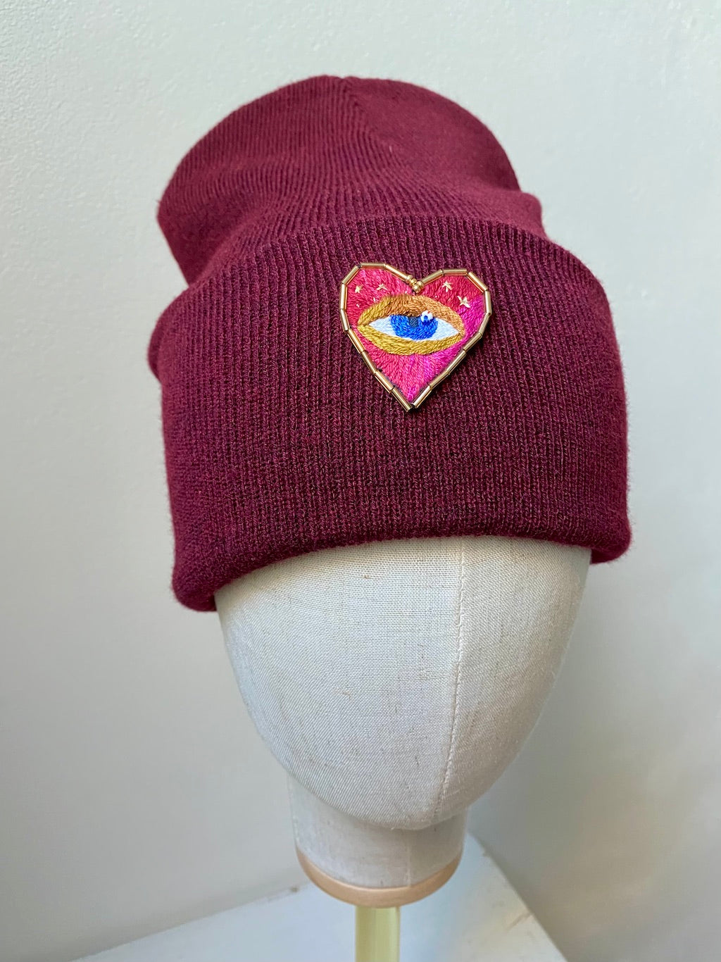 Red Beanie with Handmade Embroidery – Heart Eye