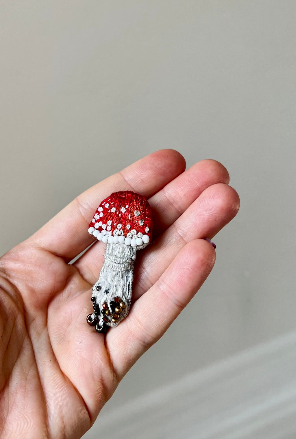 Handmade Embroidered Brooch – Fly Agaric (Mushroom)