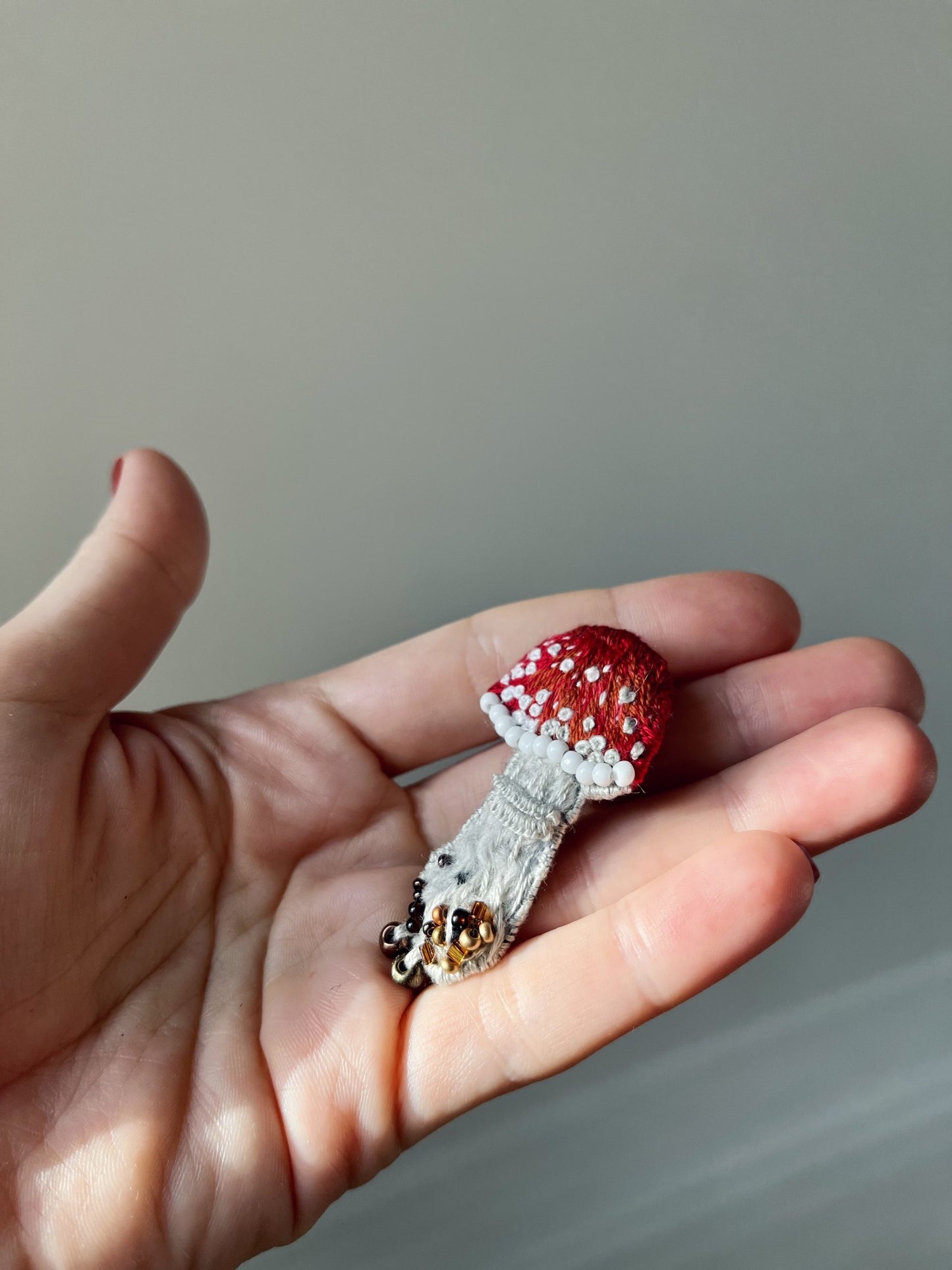 Handmade Embroidered Brooch – Fly Agaric (Mushroom)