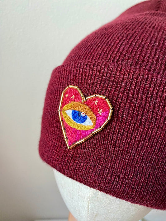 Red Beanie with Handmade Embroidery – Heart Eye