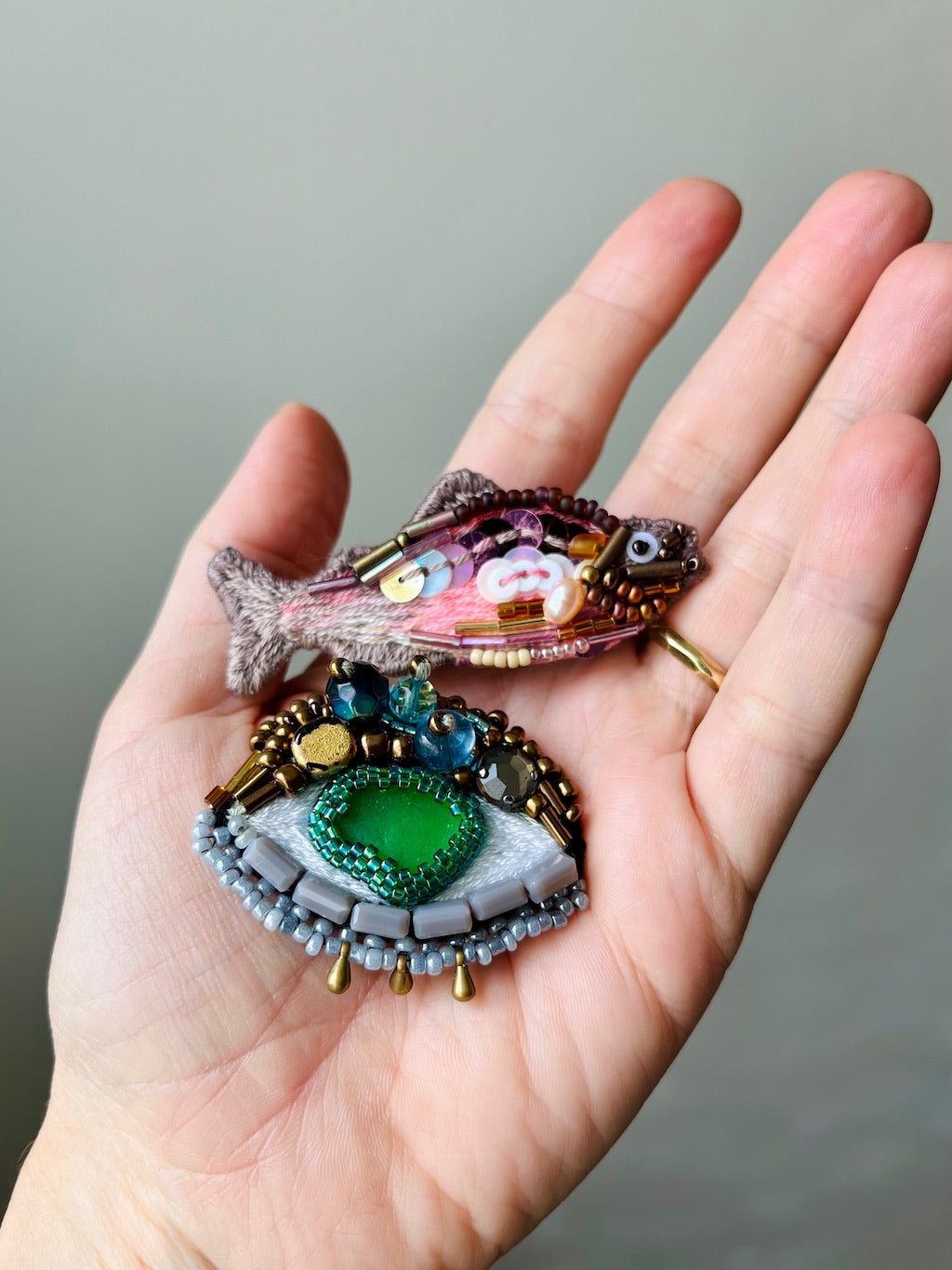 Handmade Embroidered Brooch – Eye with Green Sea Glass