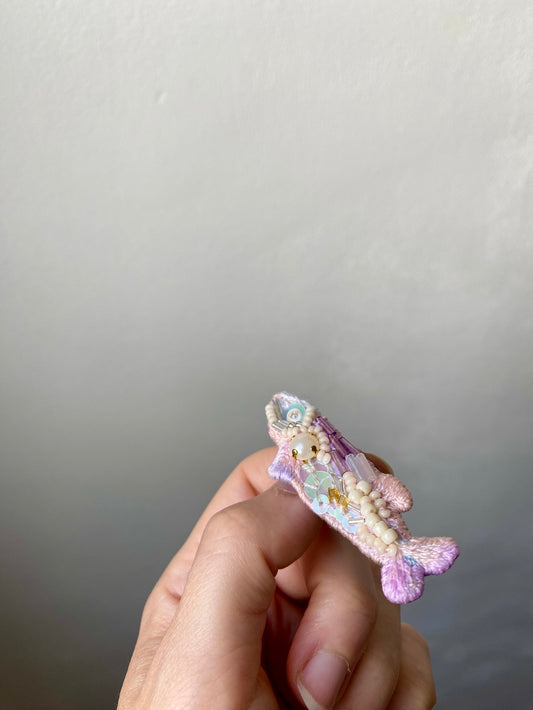 Hand-embroidered fish brooch with glass beads and sequins, handmade in Vienna