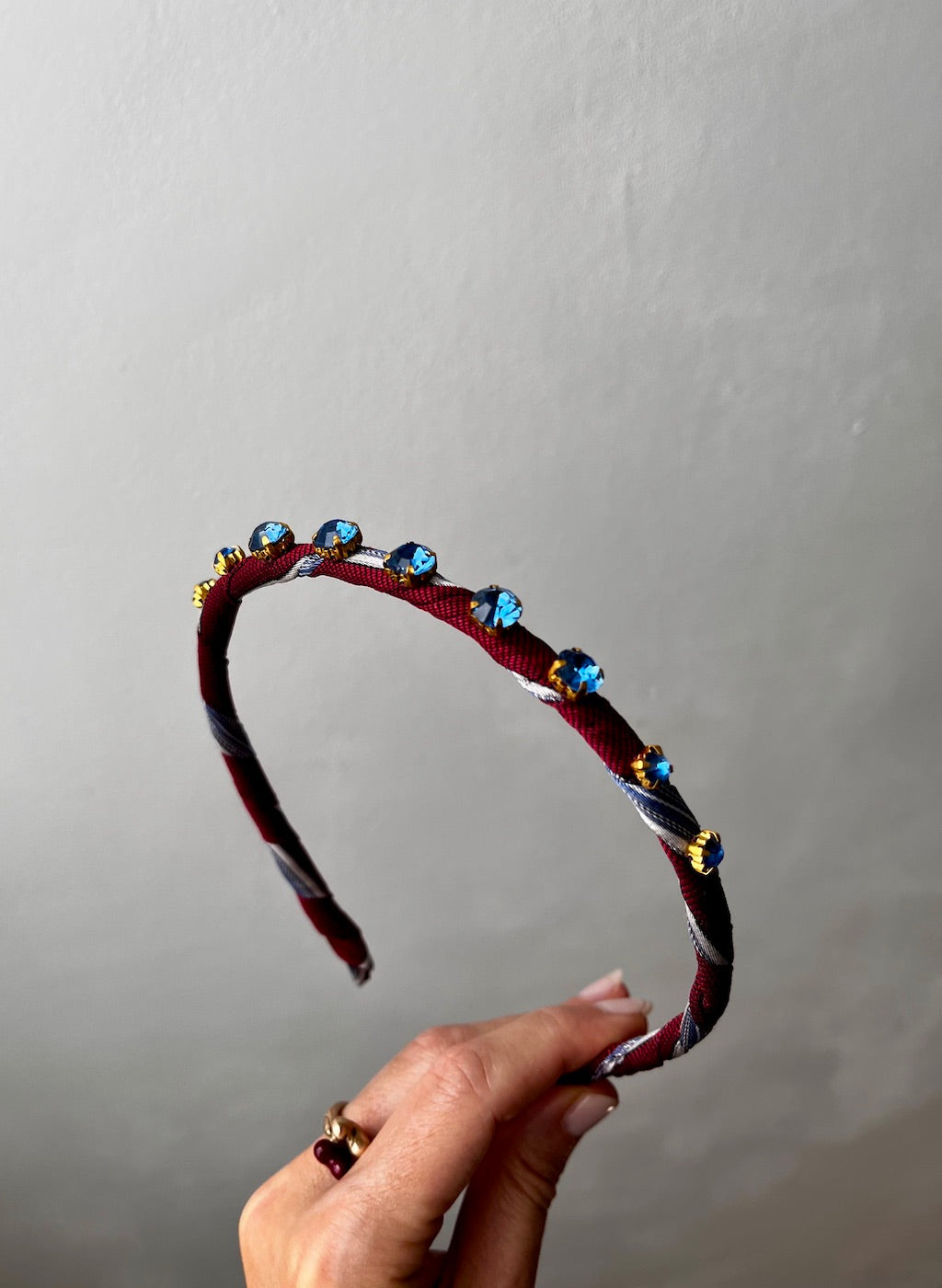 Silk Tie Headband in Burgundy – full view of handcrafted headband