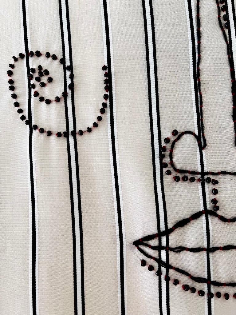 Striped Tie-Neck Blouse – with Hand-Beaded Embroidery – Surrealist Eye & Heart