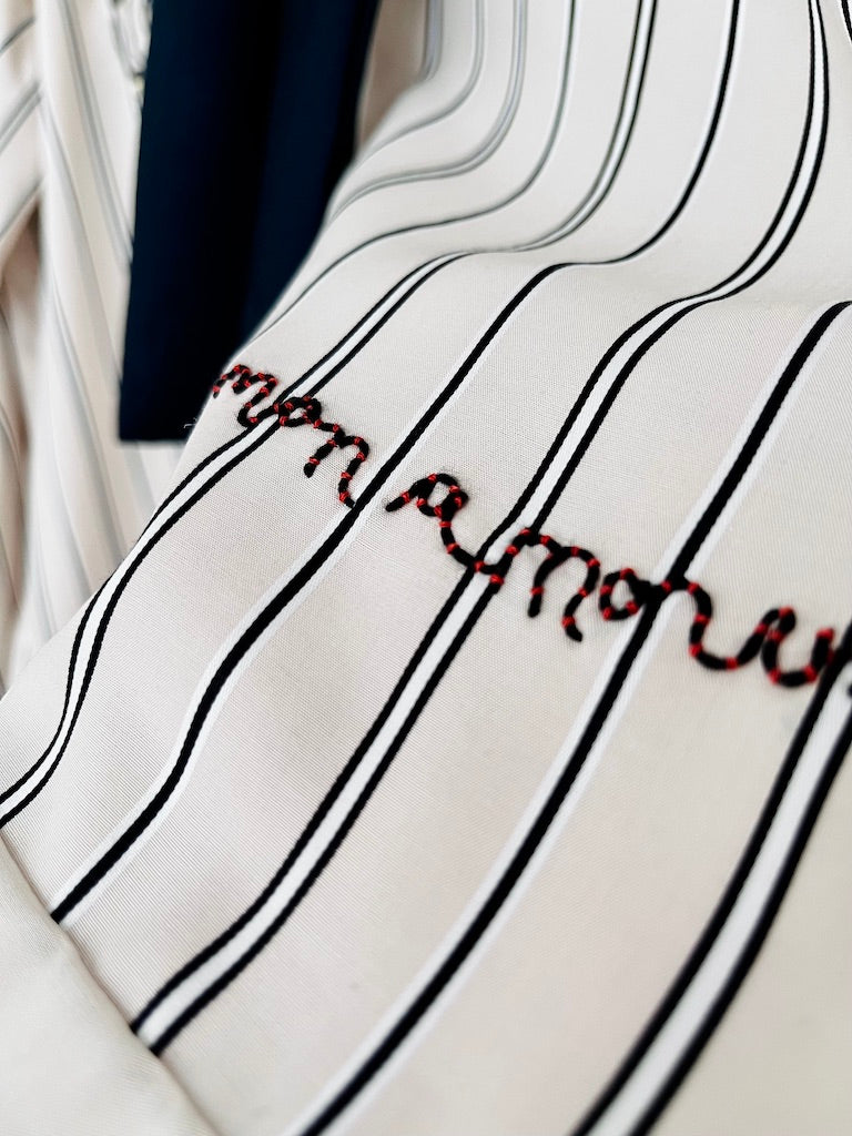 Striped Tie-Neck Blouse – with Hand-Beaded Embroidery – Surrealist Eye & Heart