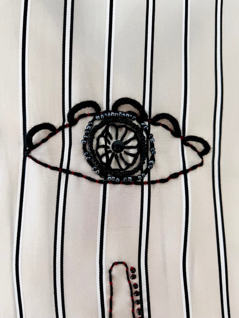 Striped Tie-Neck Blouse – with Hand-Beaded Embroidery – Surrealist Eye & Heart