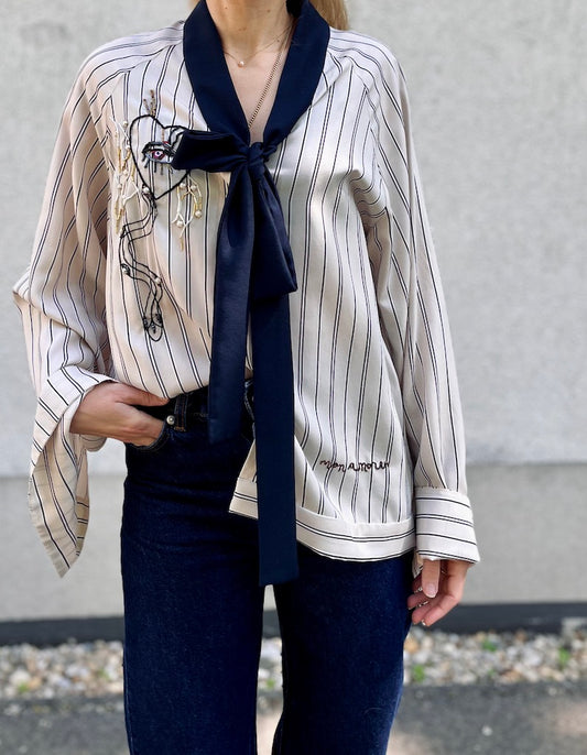 Striped Tie-Neck Blouse – with Hand-Beaded Embroidery – Surrealist Eye & Heart