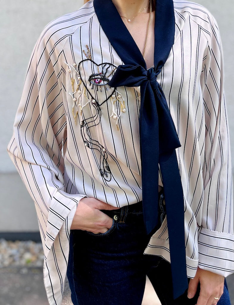 Striped Tie-Neck Blouse – with Hand-Beaded Embroidery – Surrealist Eye & Heart