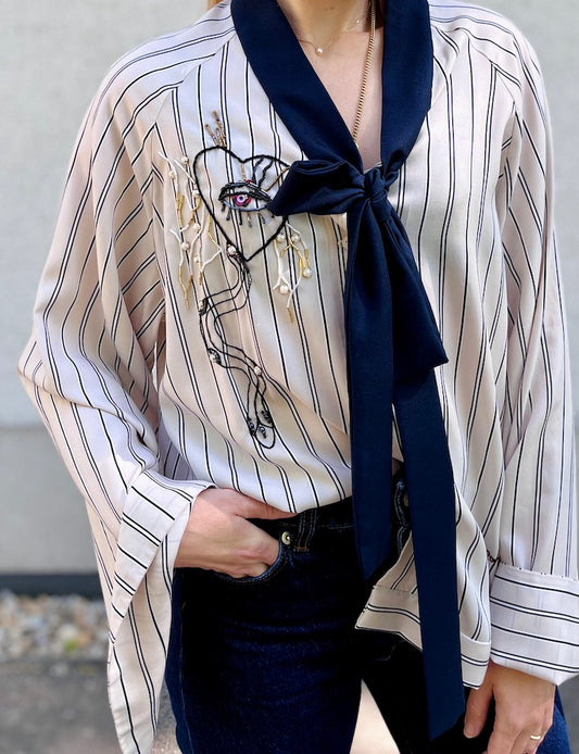 Striped Tie-Neck Blouse – with Hand-Beaded Embroidery – Surrealist Eye & Heart