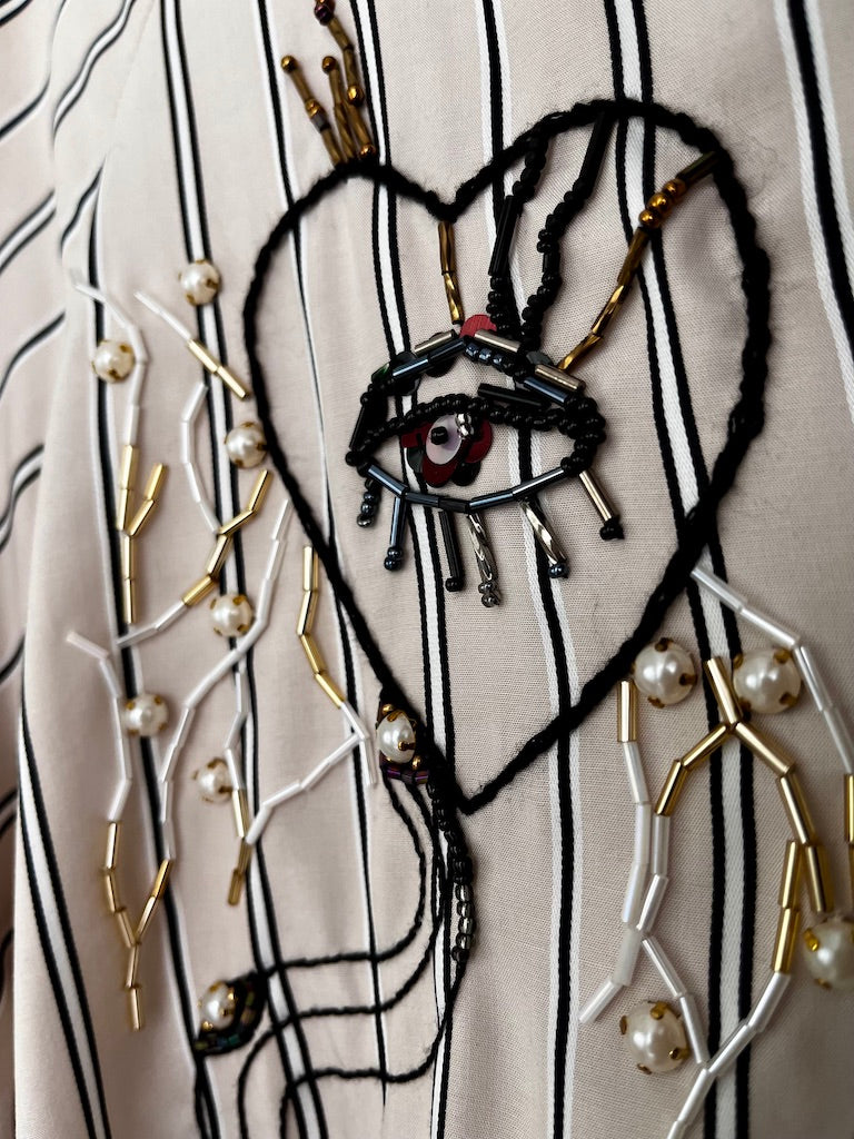 Striped Tie-Neck Blouse – with Hand-Beaded Embroidery – Surrealist Eye & Heart