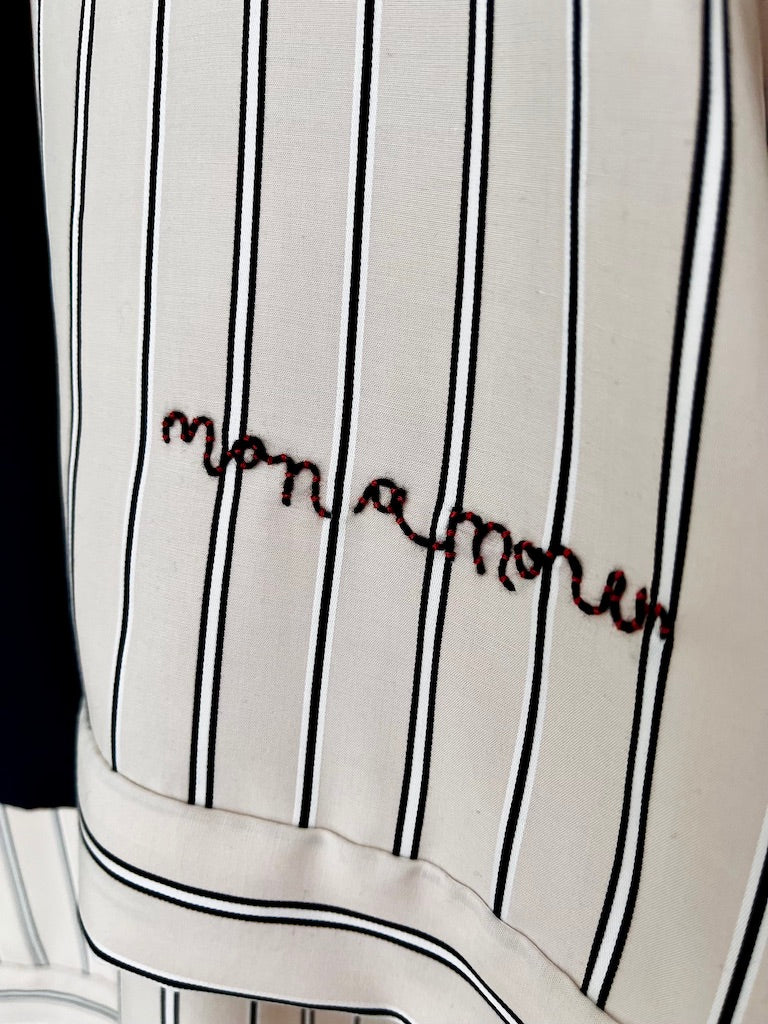Striped Tie-Neck Blouse – with Hand-Beaded Embroidery – Surrealist Eye & Heart