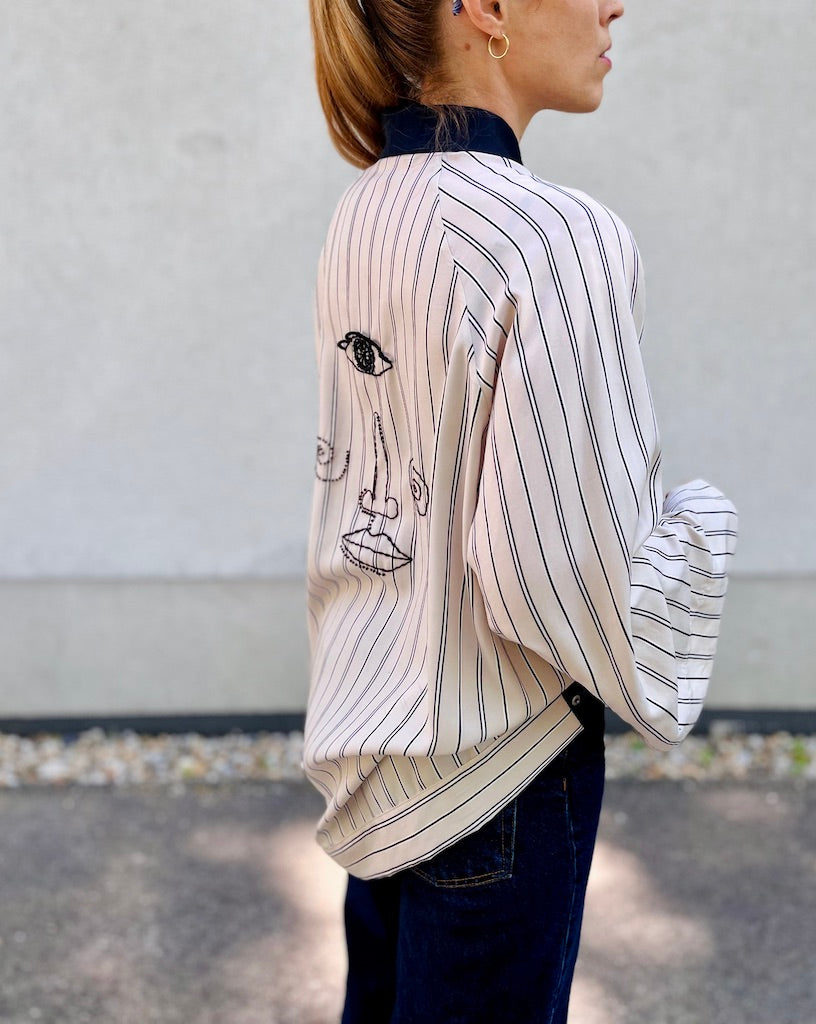 Striped Tie-Neck Blouse – with Hand-Beaded Embroidery – Surrealist Eye & Heart