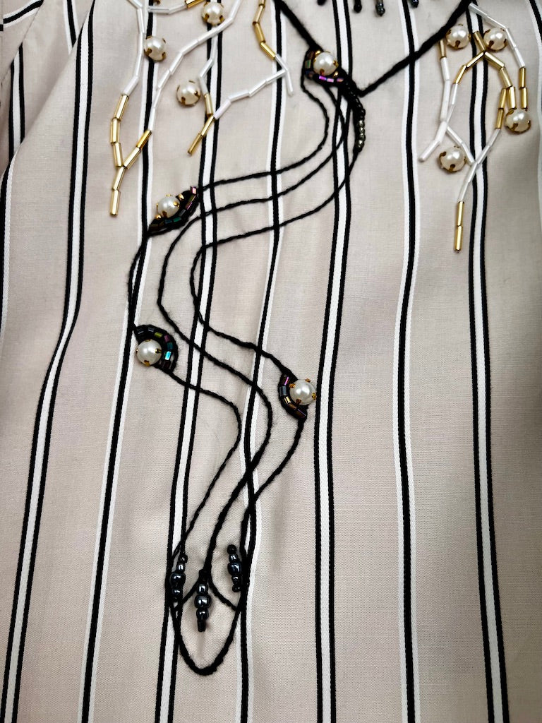 Striped Tie-Neck Blouse – with Hand-Beaded Embroidery – Surrealist Eye & Heart