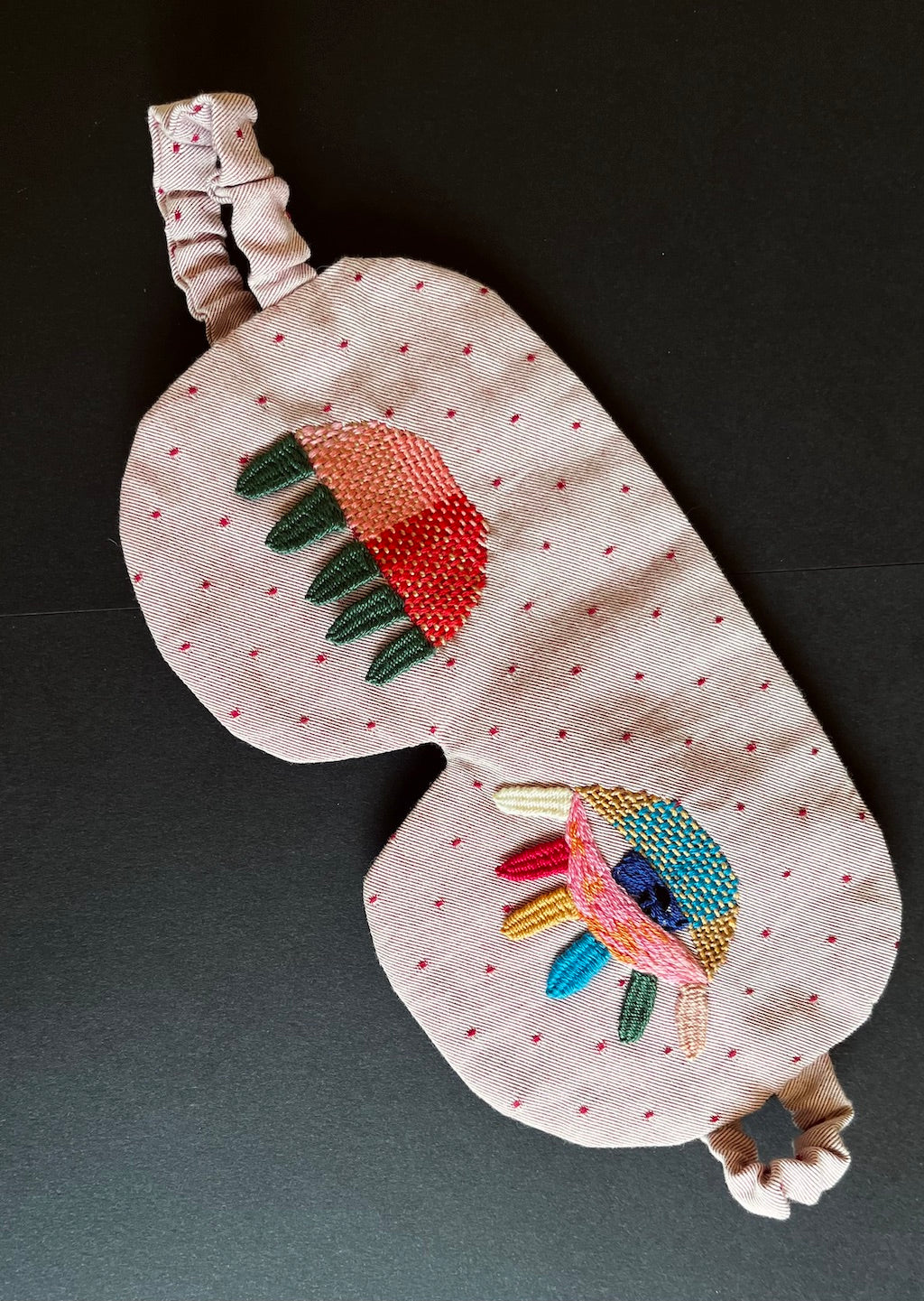 Handmade Sleep Mask – Hand-Embroidered Whimsical Eyes (Colourful)
