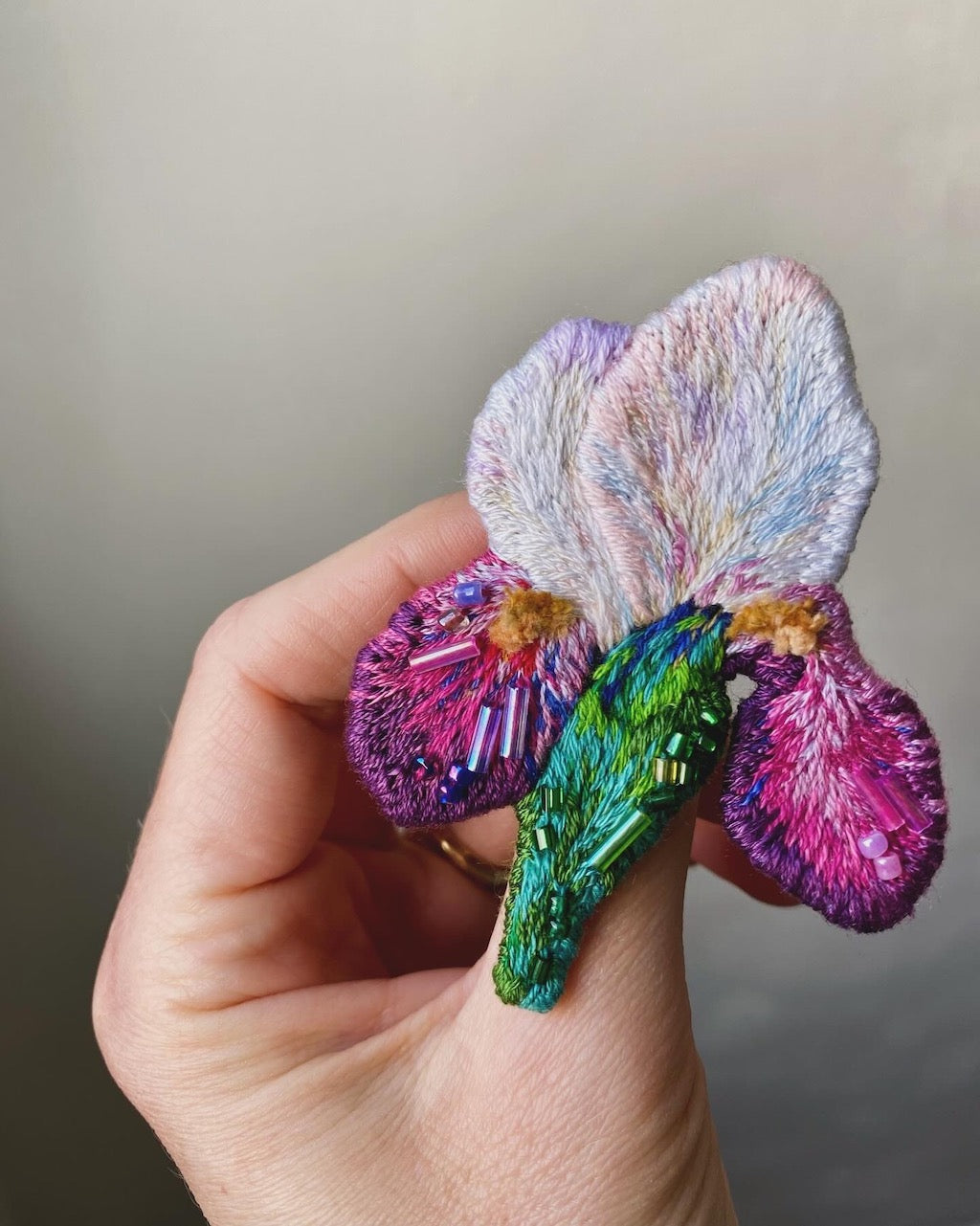 Handmade Embroidered Brooch – White Iris Flower