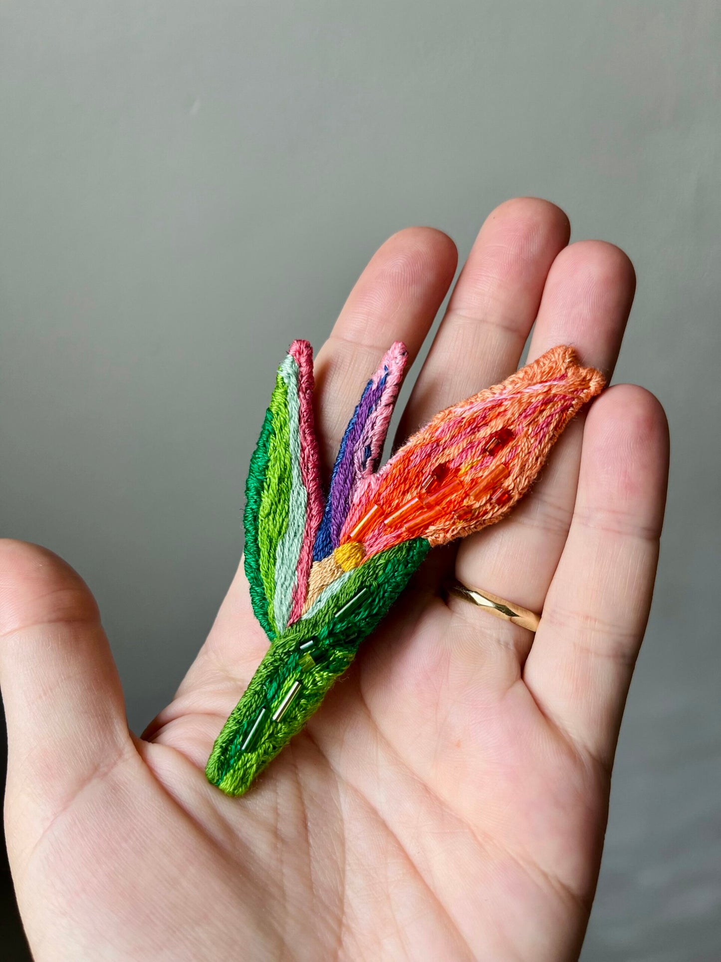 Handmade Embroidered Brooch – Bird of Paradise Flower