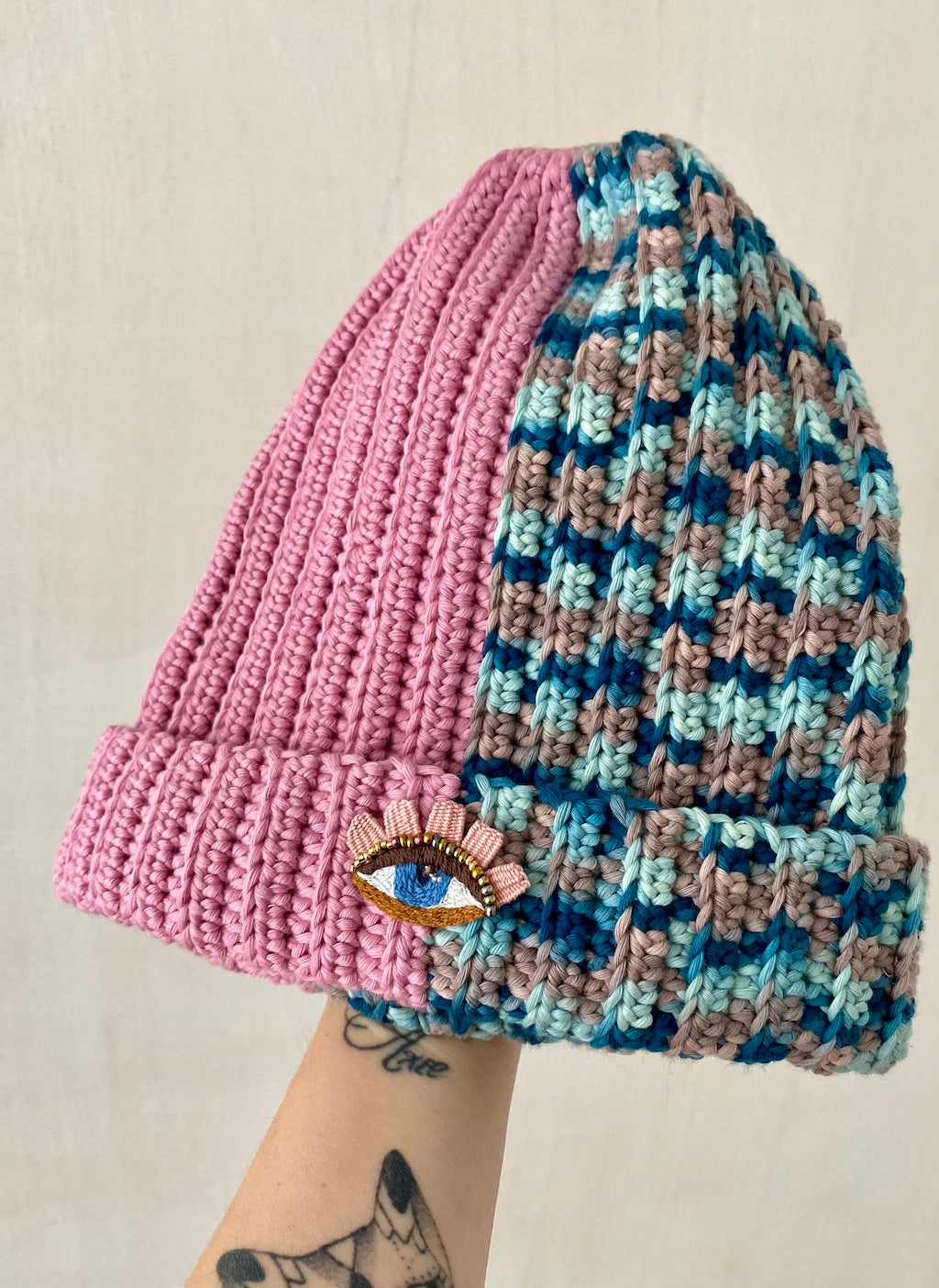 Handmade Crochet Beanie – Eye Embroidery (Pink & Blue Mix)
