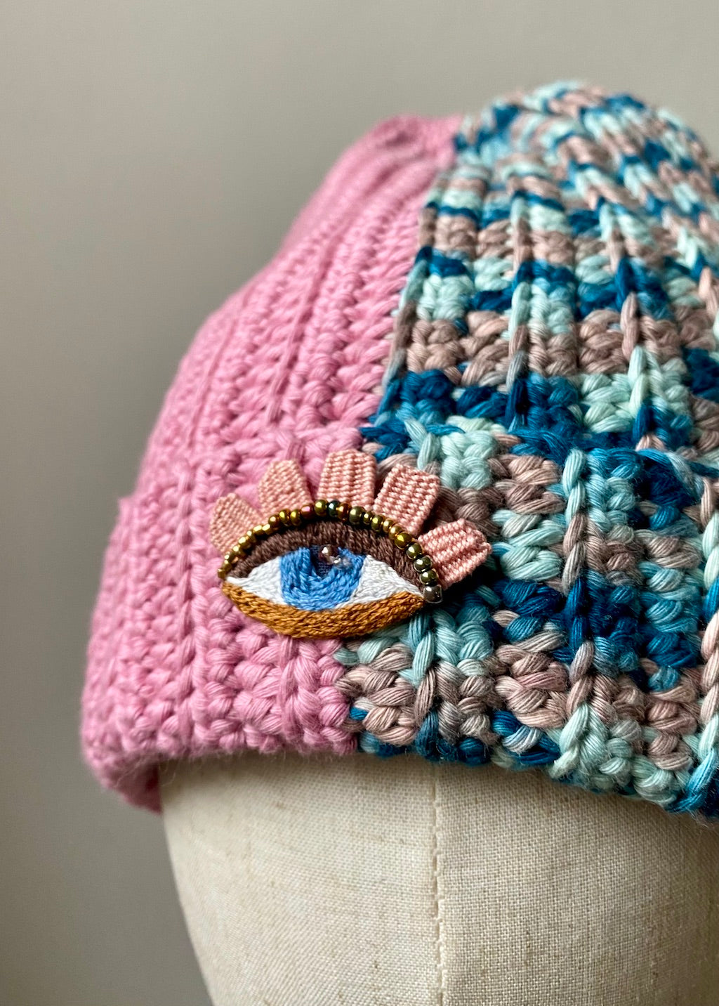 Handmade Crochet Beanie – Eye Embroidery (Pink & Blue Mix)