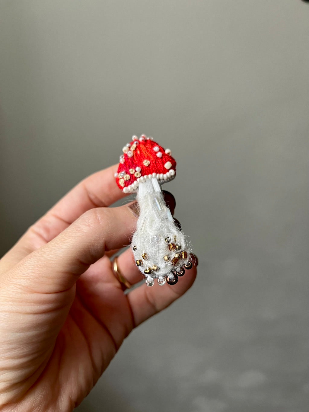 Handmade Embroidered Brooch – Fly Agaric (Mushroom)