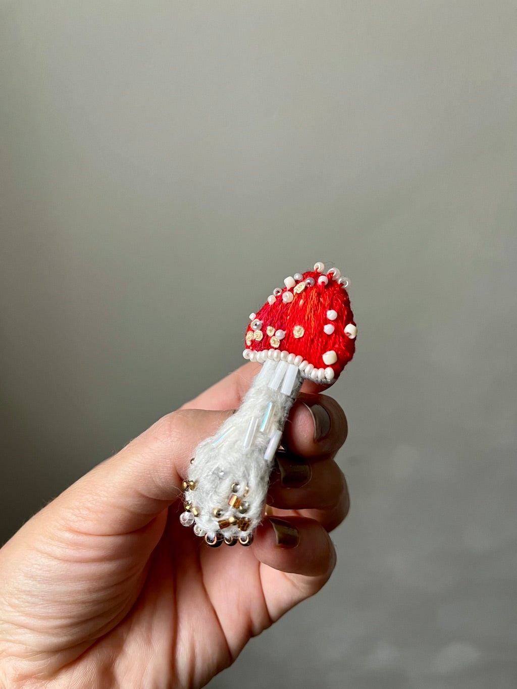 Handmade Embroidered Brooch – Fly Agaric (Mushroom)