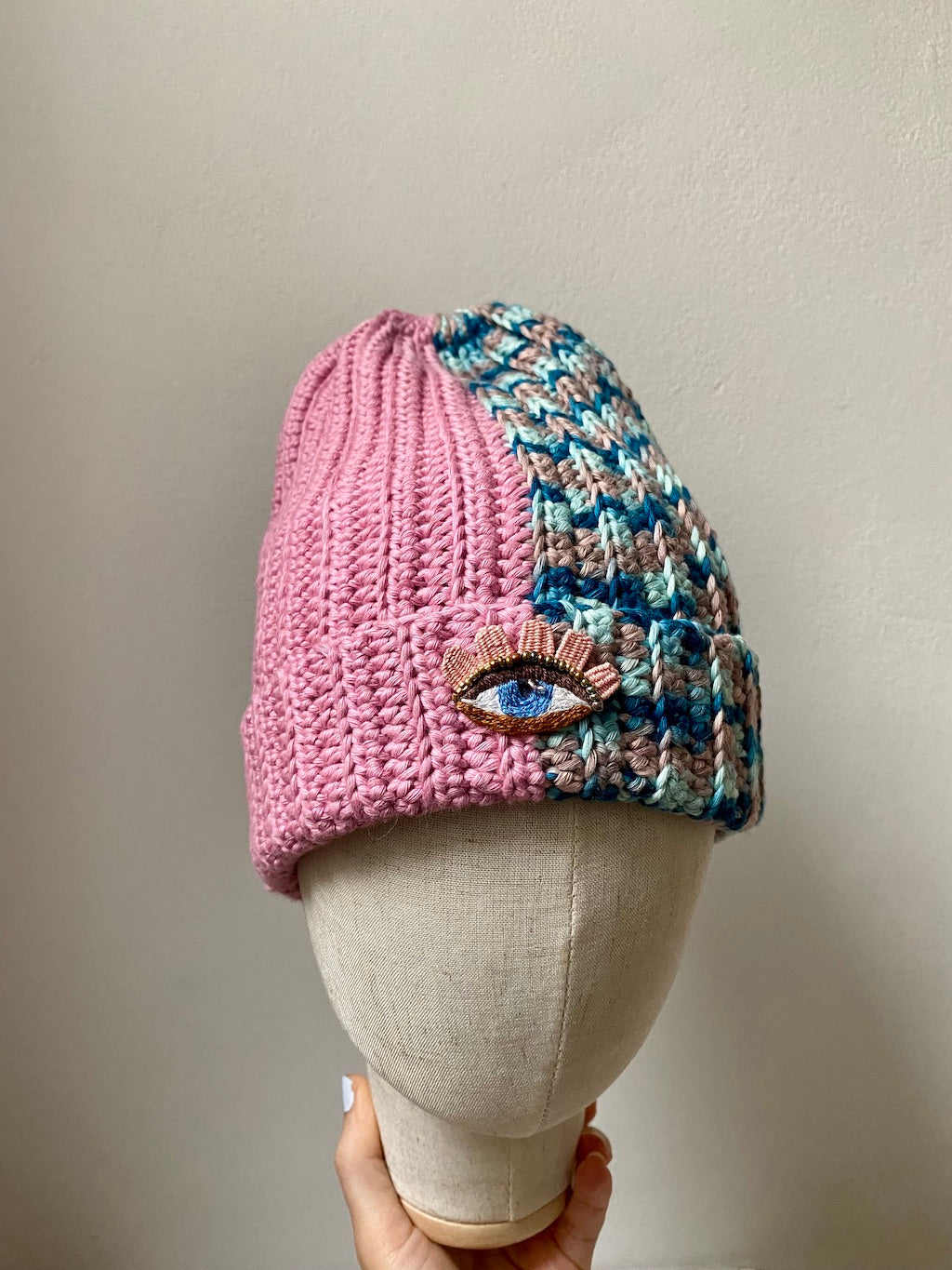 Handmade Crochet Beanie – Eye Embroidery (Pink & Blue Mix)