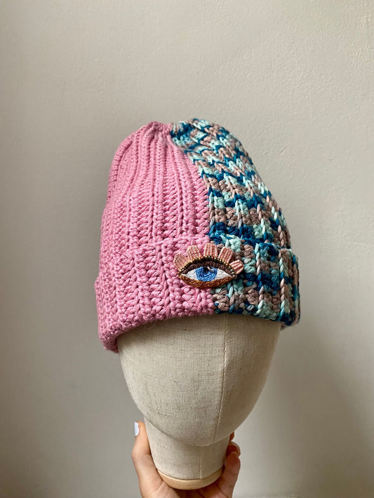 Handmade Crochet Beanie – Eye Embroidery (Pink & Blue Mix)