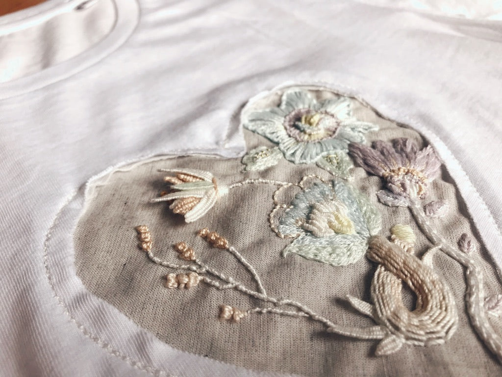Hand-Embroidered T-Shirt — Garden Heart with Wild Flowers (White, M)