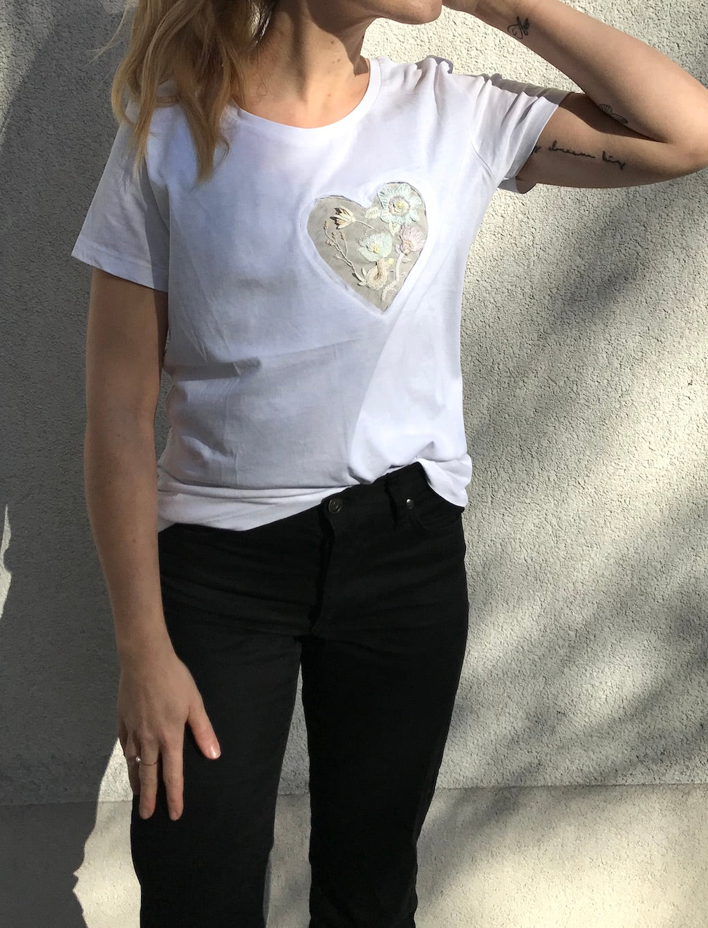 Hand-Embroidered T-Shirt — Garden Heart with Wild Flowers (White, M)