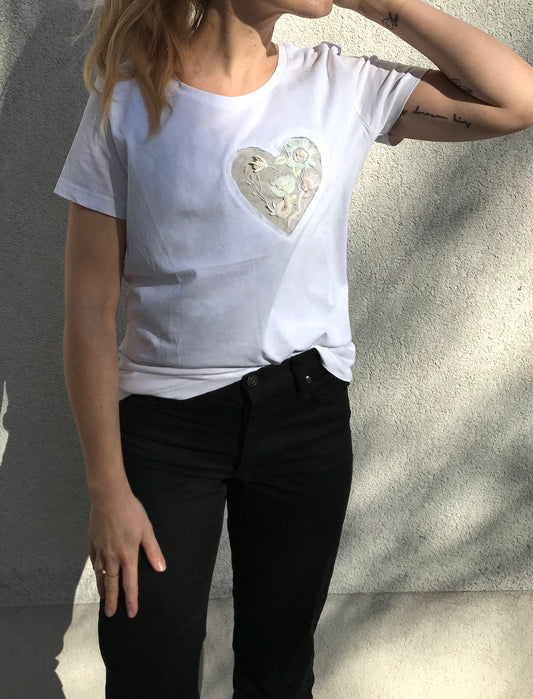 Hand-Embroidered T-Shirt — Garden Heart with Wild Flowers (White, M)