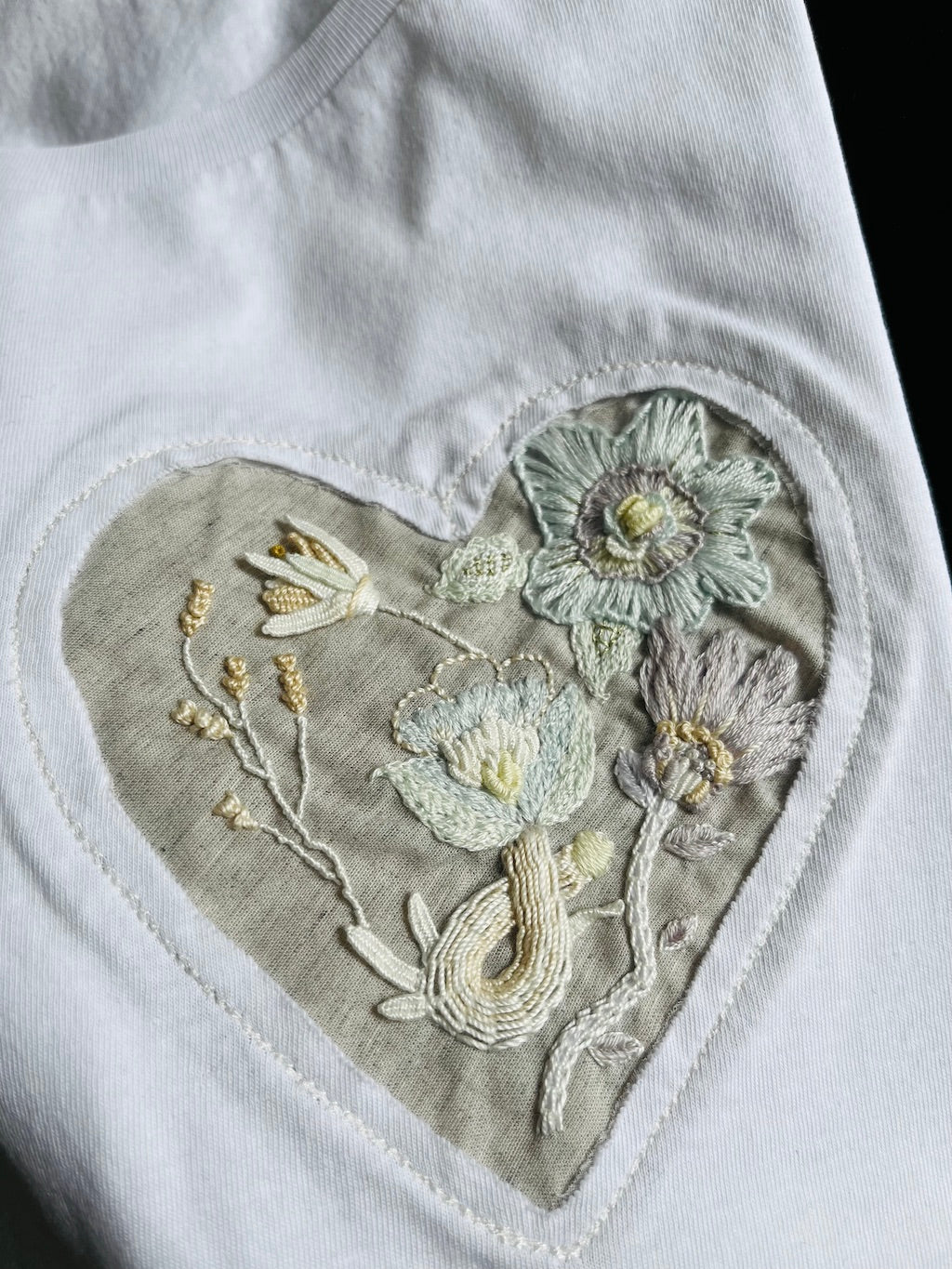 Hand-Embroidered T-Shirt — Garden Heart with Wild Flowers (White, M)
