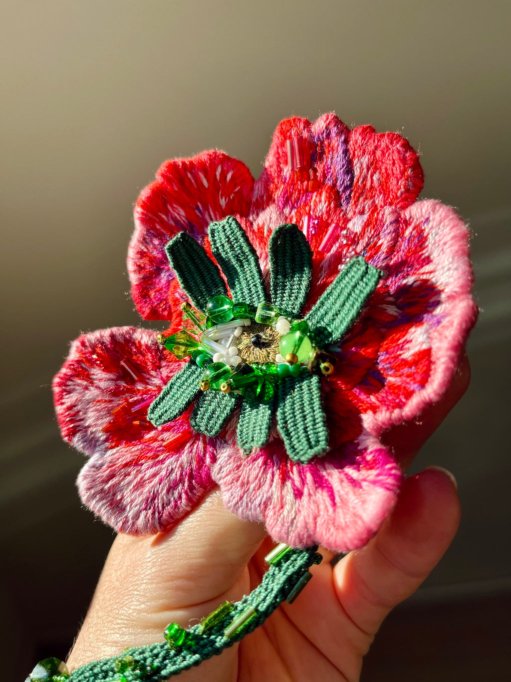 Handmade Embroidered Brooch – Flower Eye in Pink