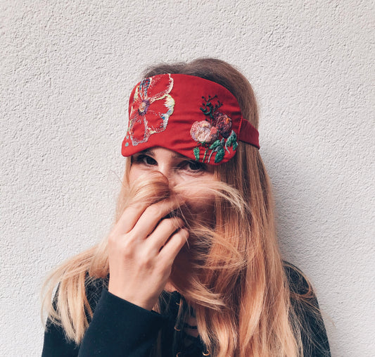 Handmade Sleep Mask – Hand-Embroidered Flower (Red)