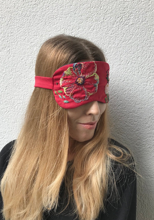 Handmade Sleep Mask – Hand-Embroidered Flower (Red)