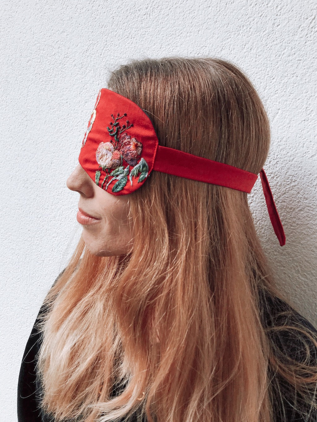 Handmade Sleep Mask – Hand-Embroidered Flower (Red)