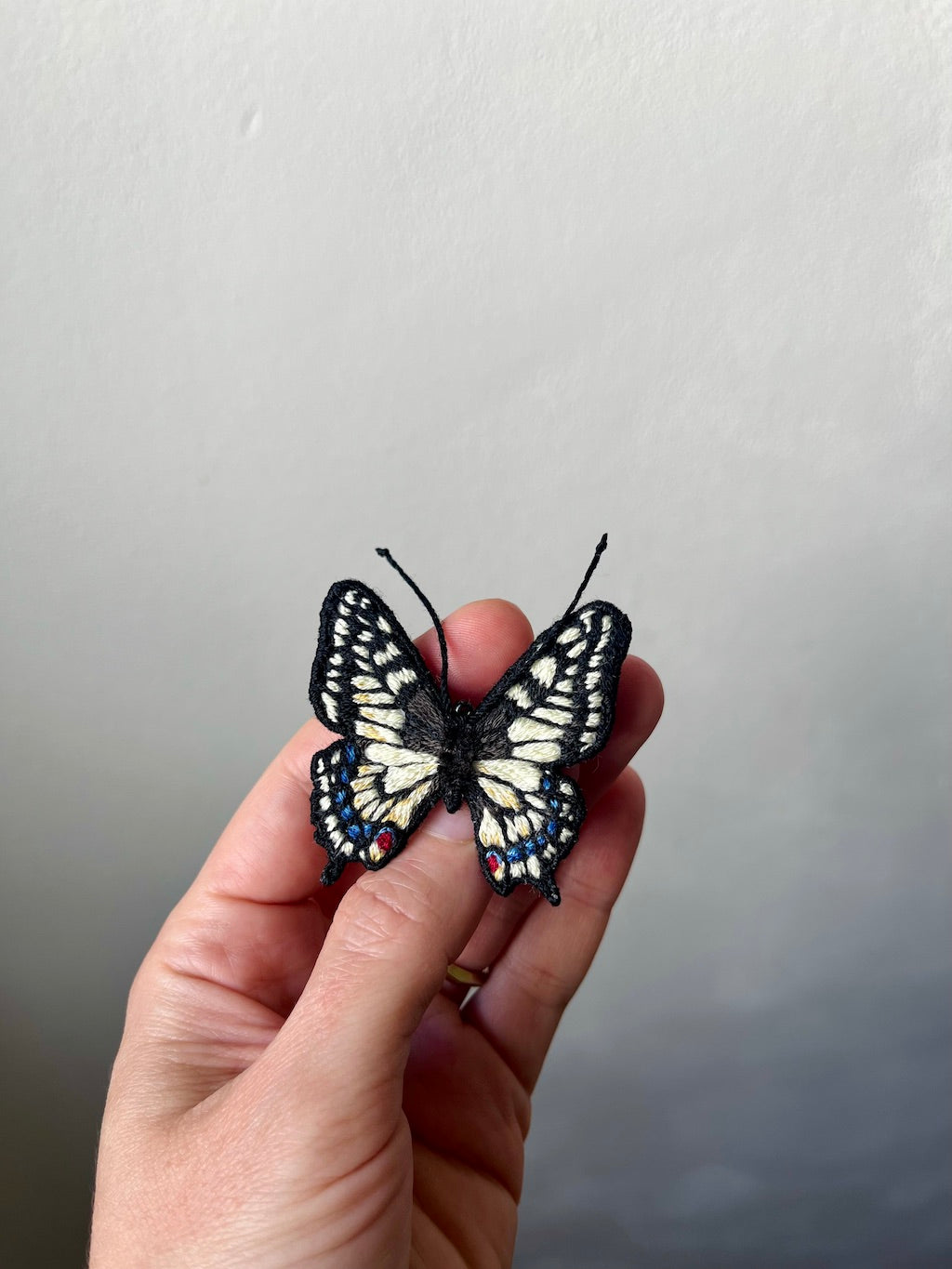 Hand-embroidered swallowtail butterfly brooch, handmade in Vienna, Austria
